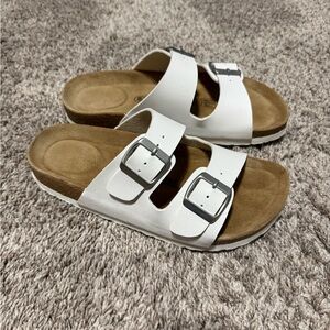 White Double-Buckle Slide Sandals